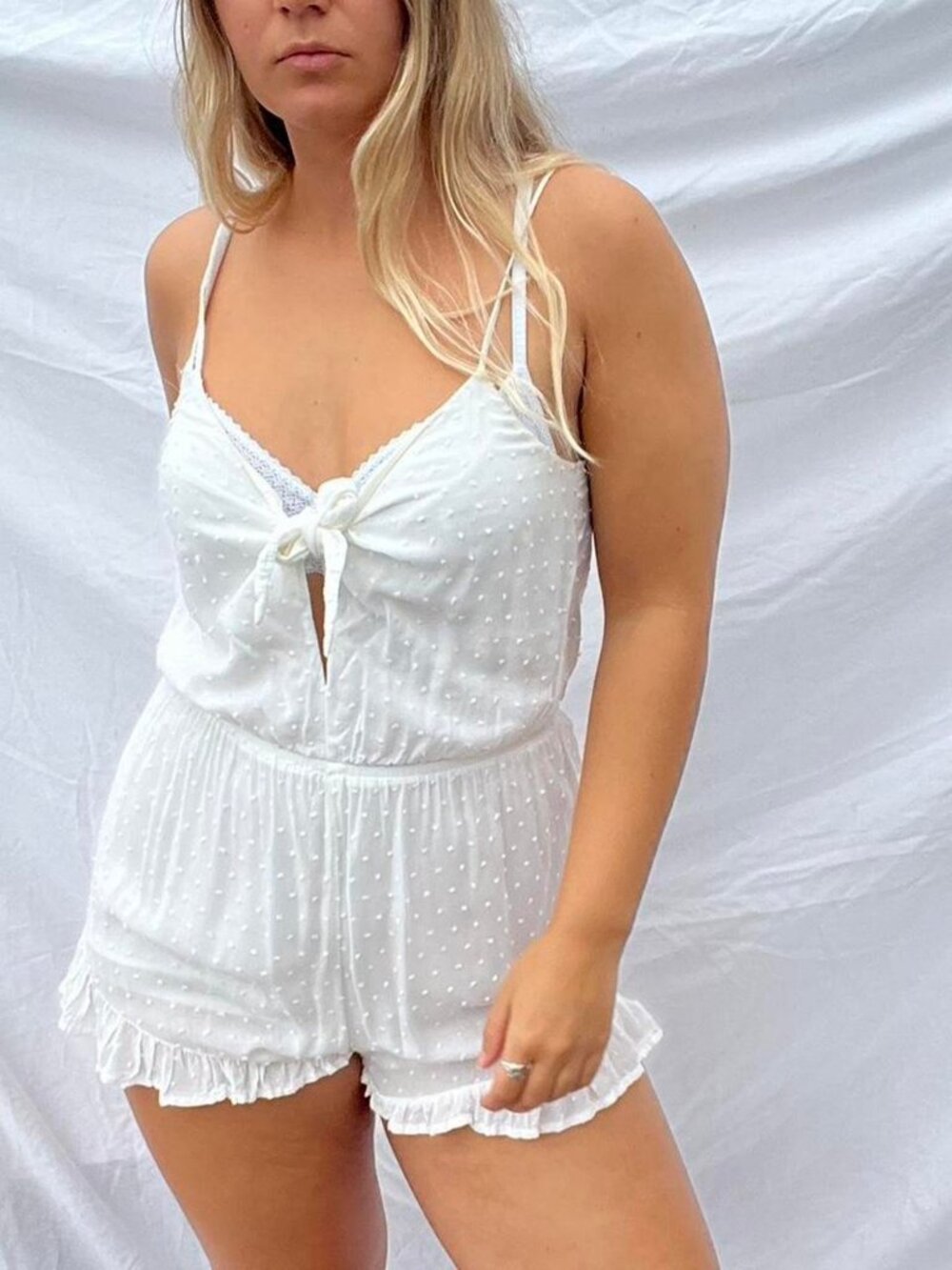 White summer polka dot romper playsuit.